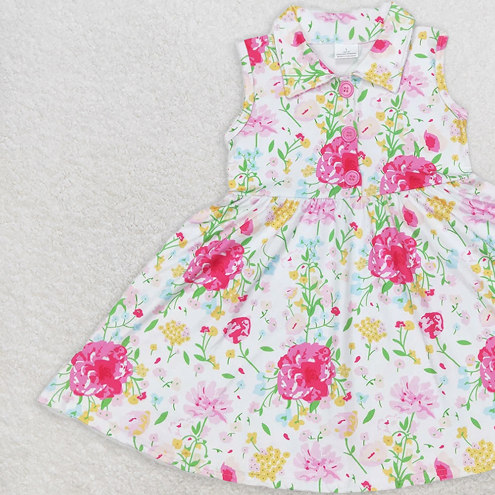 GSD0546 RTS NO MOQ Baby Girls Summer Dress  Baby Girls Pink Flowers Sleeveless Spring Knee Length Dresses