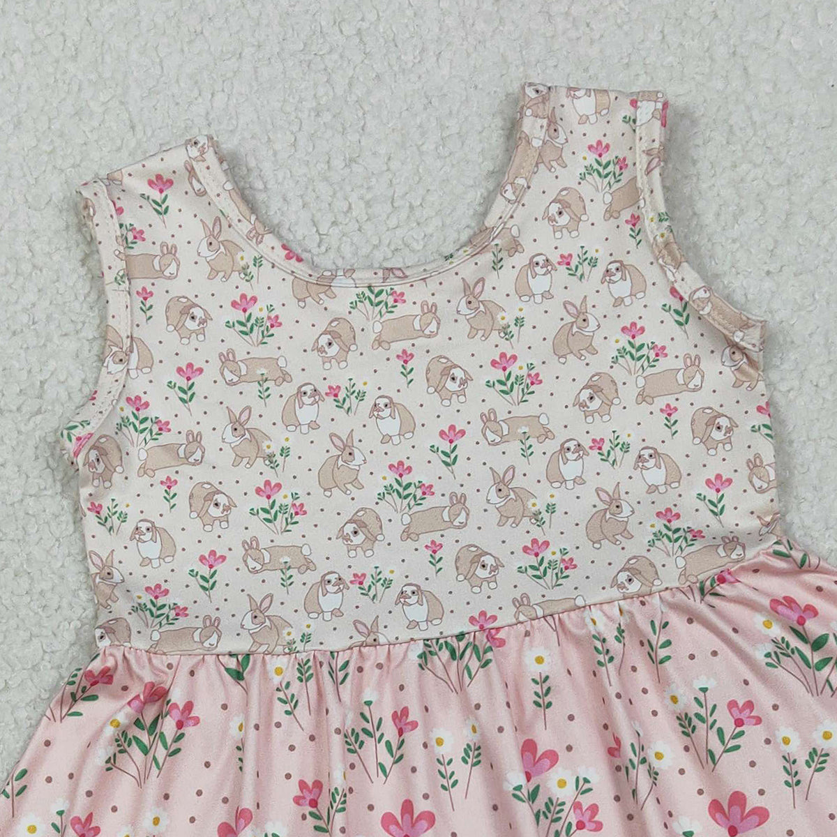 2.7 RTS NO MOQ （In stock）GSD2984 Baby Girls Sleeveless Rabbits Flowers Easter Knee length Dresses
