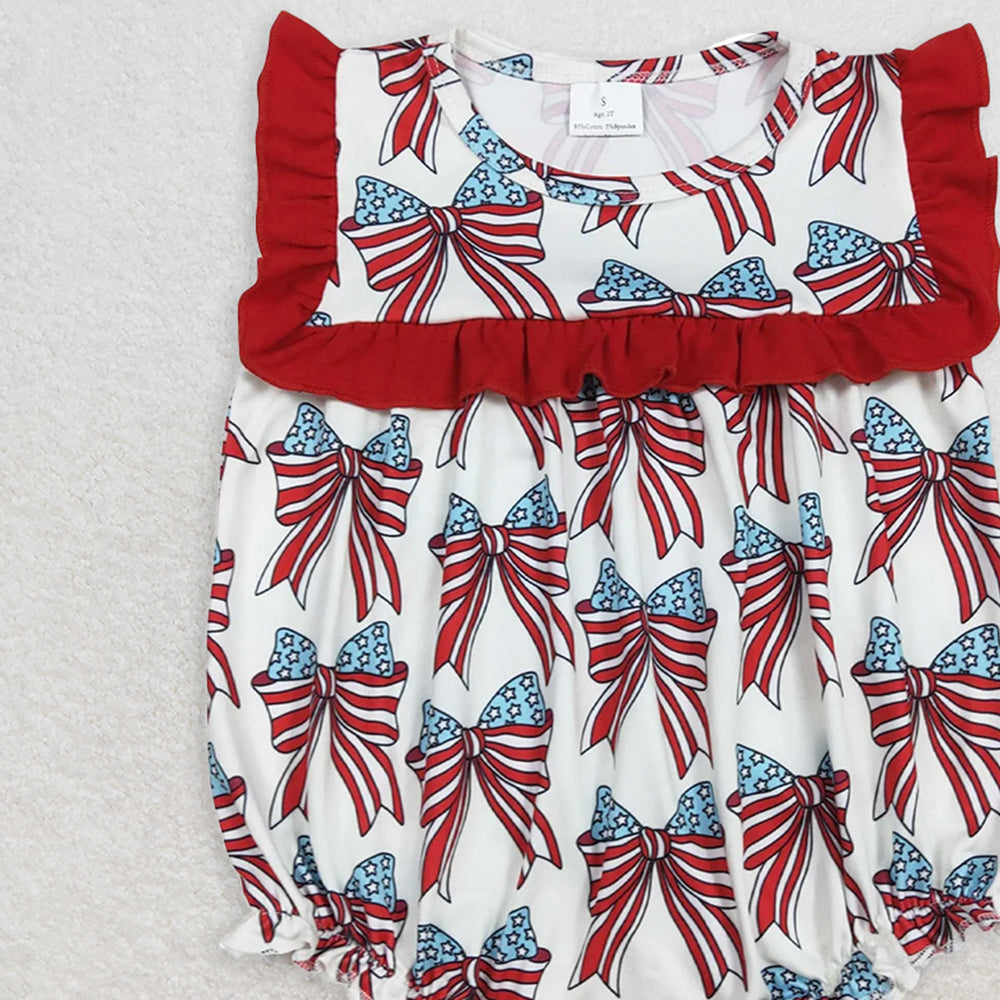 SR2664RTS NO MOQ  Baby Girls Summer Rompers Red Ruffle Stars And Stripes Bow Baby Girls 4th of July Romper Cute Patriotic Outfit for Little Ones