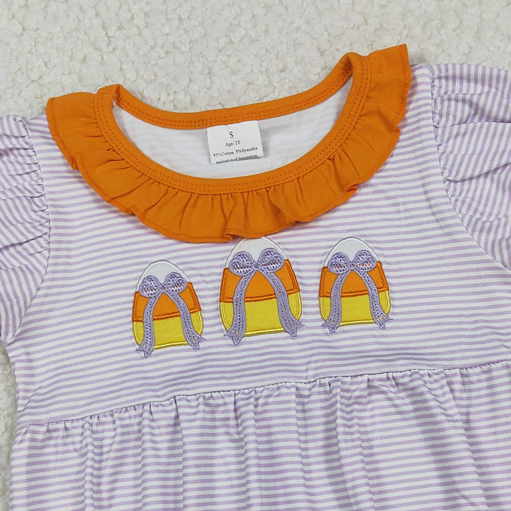 RTS NO MOQ （In stock）SR3202  Baby Girls Summer Rompers Lavender Stripe Bows Candy Halloween Rompers