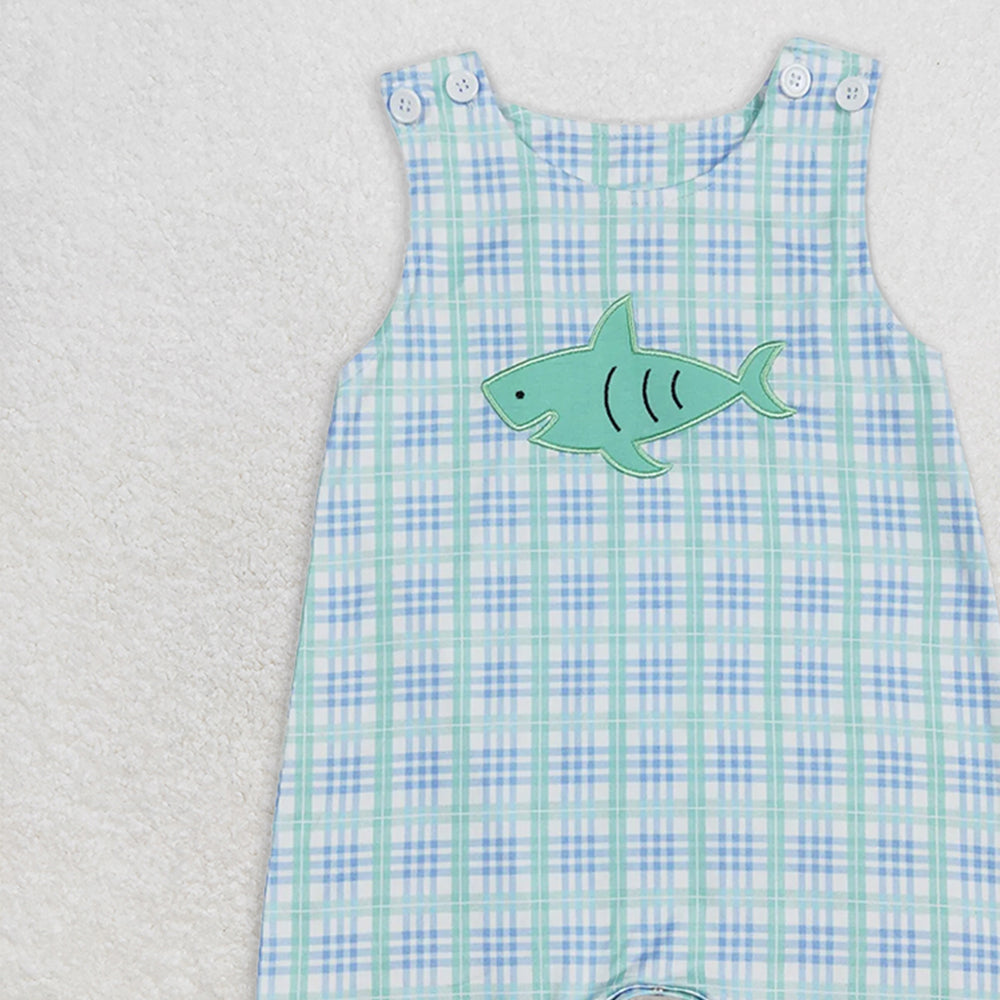 SR0651 RTS NO MOQ Baby Boys Summer Rompers Baby Infant Boys Toddler Shark Blue Checkered Short Sleeve Rompers