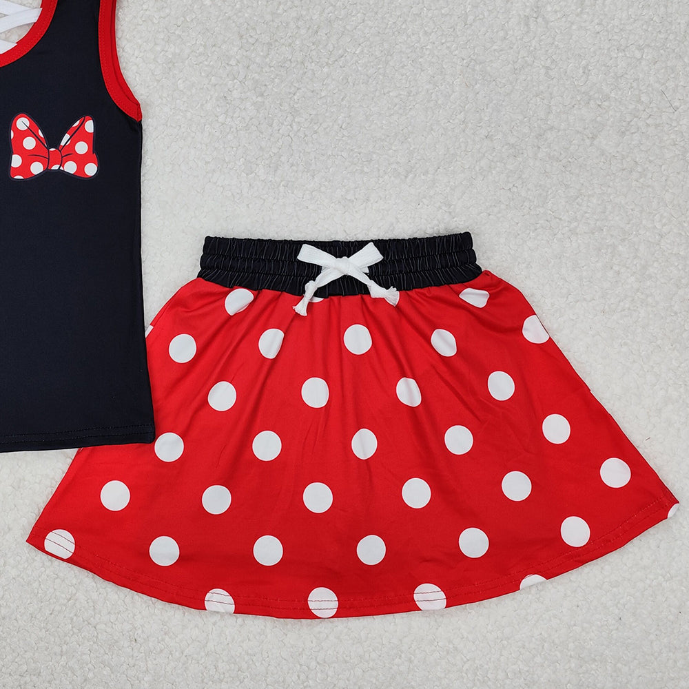 GSD2069RTS NO MOQ Baby Girls Skirt Sets Girls Black Polka Dot Sleeveless Bow Top Skirt Set Cute Casual Outfit for Kids