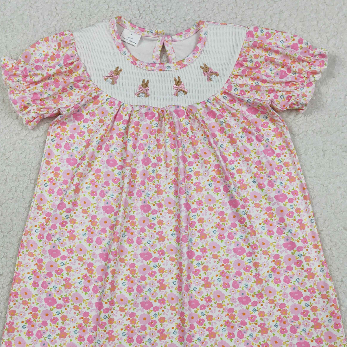 3.28 GSD3406 RTS NO MOQ （In stock）Short sleeves pink floral rabbit smocked girl Easter dress