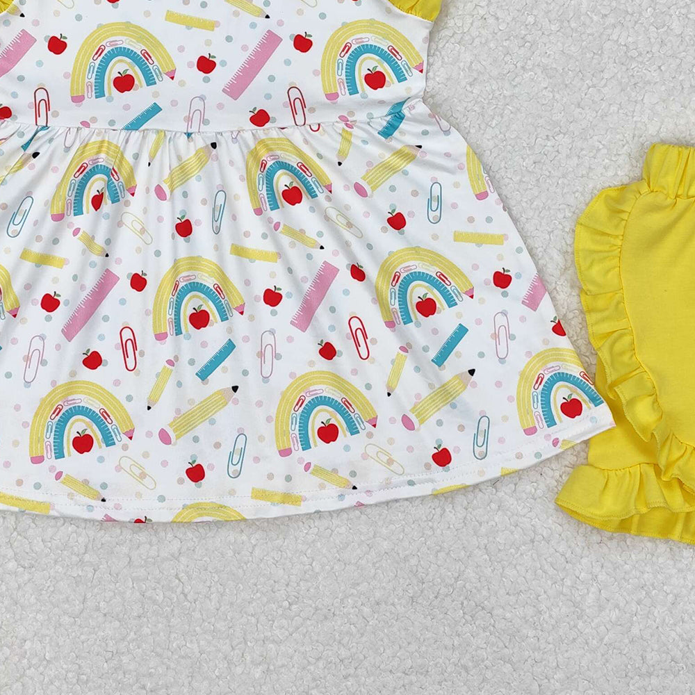 GSSO1913Girls Rainbow Pencil Skirt Outfit Yellow Apple Design Back to School Ensemble for Kids