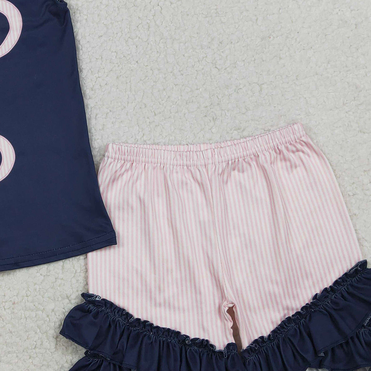2.3 RTS NO MOQ （In stock）GSSO2933 Baby Girls Flutter Sleeve Child of God Top Ruffle Shorts Clothes Sets