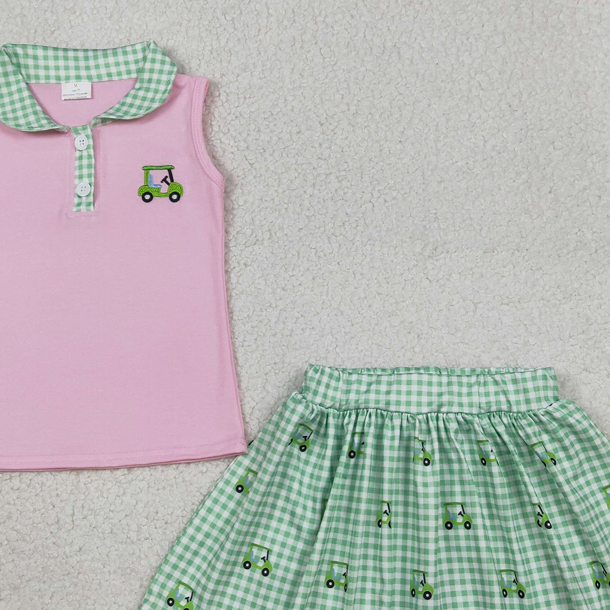 1.16 RTS NO MOQ （In stock）GSD3120 Embroidery Golf Trucks Baby Girls Button Top Checked Skirt Shorts Clothes Sets