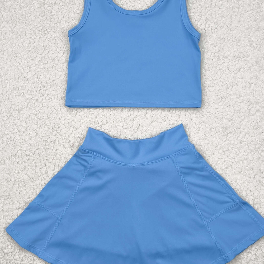 6.04   GSD1985RTS NO MOQ Baby Girls Yoga Outfits  Light blue sleeveless top skirt kids girls active wear set