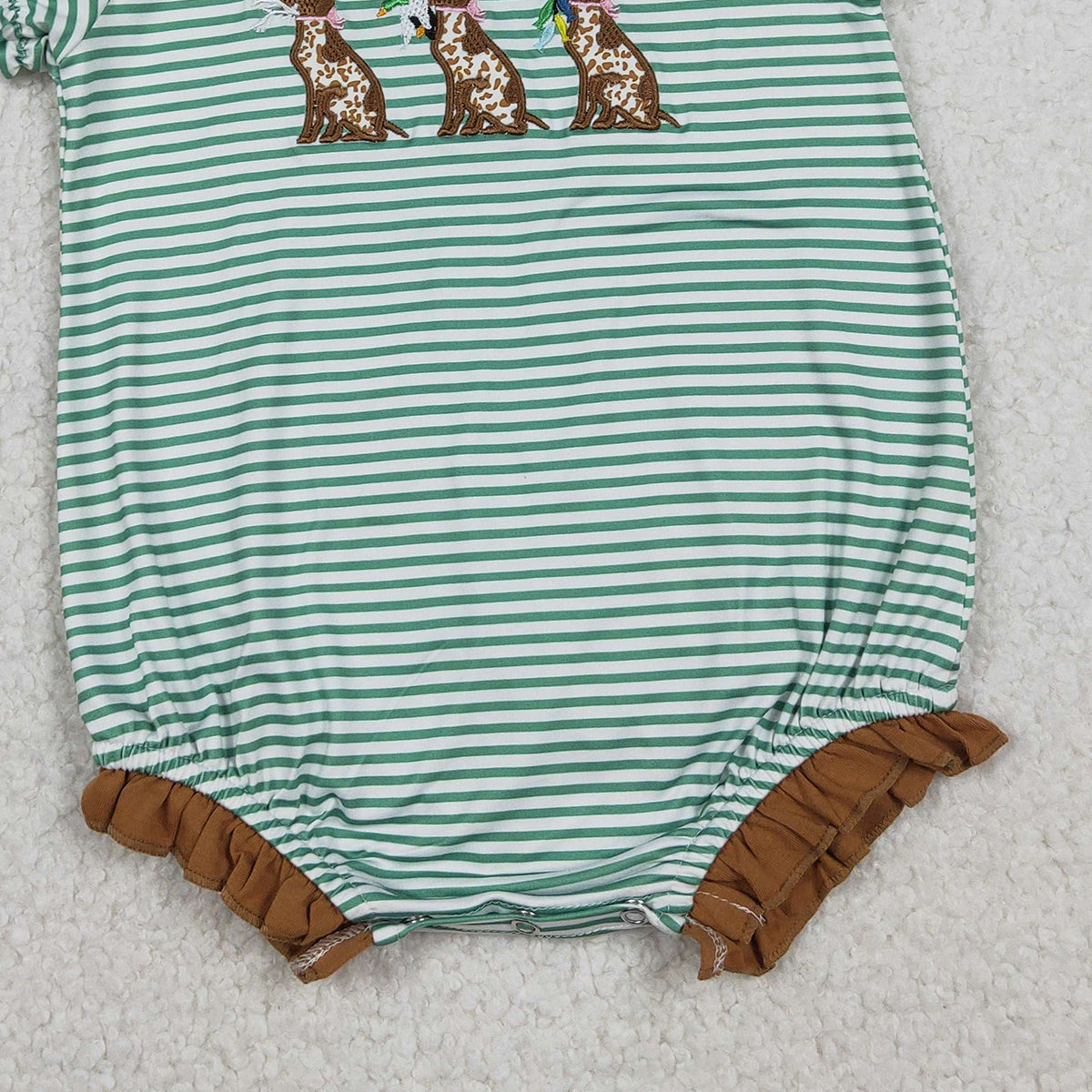 12.22 RTS NO MOQ （In stock）SR3404 Embroidery Ducks Dogs Baby Girls Stripe Collar Hunting Ruffle Rompers