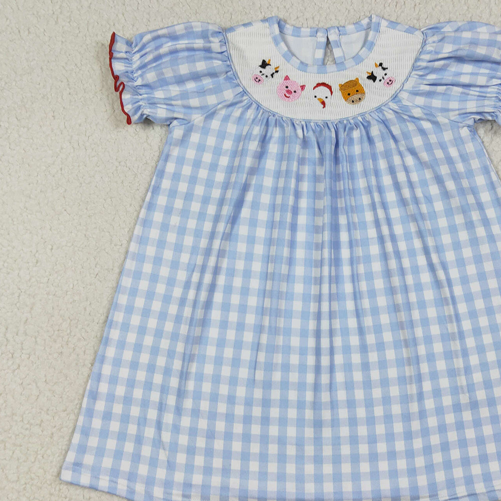 GSD2275 RTS NO MOQ Baby Girls Summer Dress Cow pig chicken blue plaid short sleeves girls dresses
