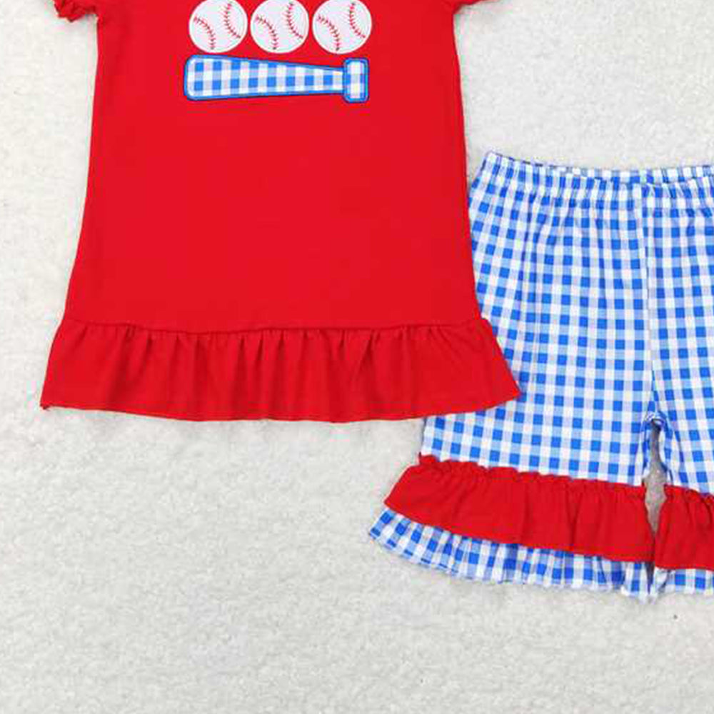 GSSO0428Girls Plaid Shorts Set Short Sleeves Red Baseball Top Outfit for Kids