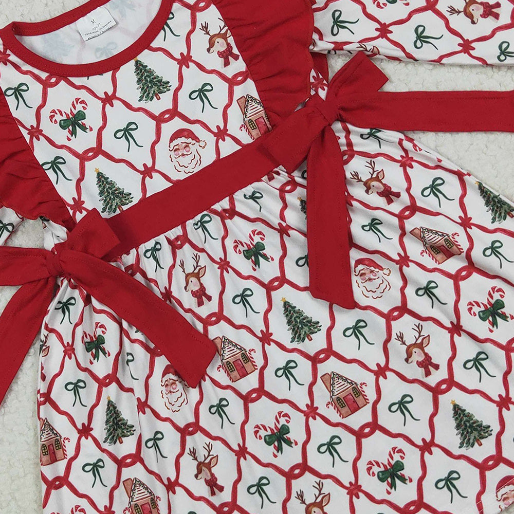 RTS NO MOQ （In stock）GLD1158 Baby Girls Winter Dress Baby Girls Christmas Deers Bows Trees Knee Length Dresses