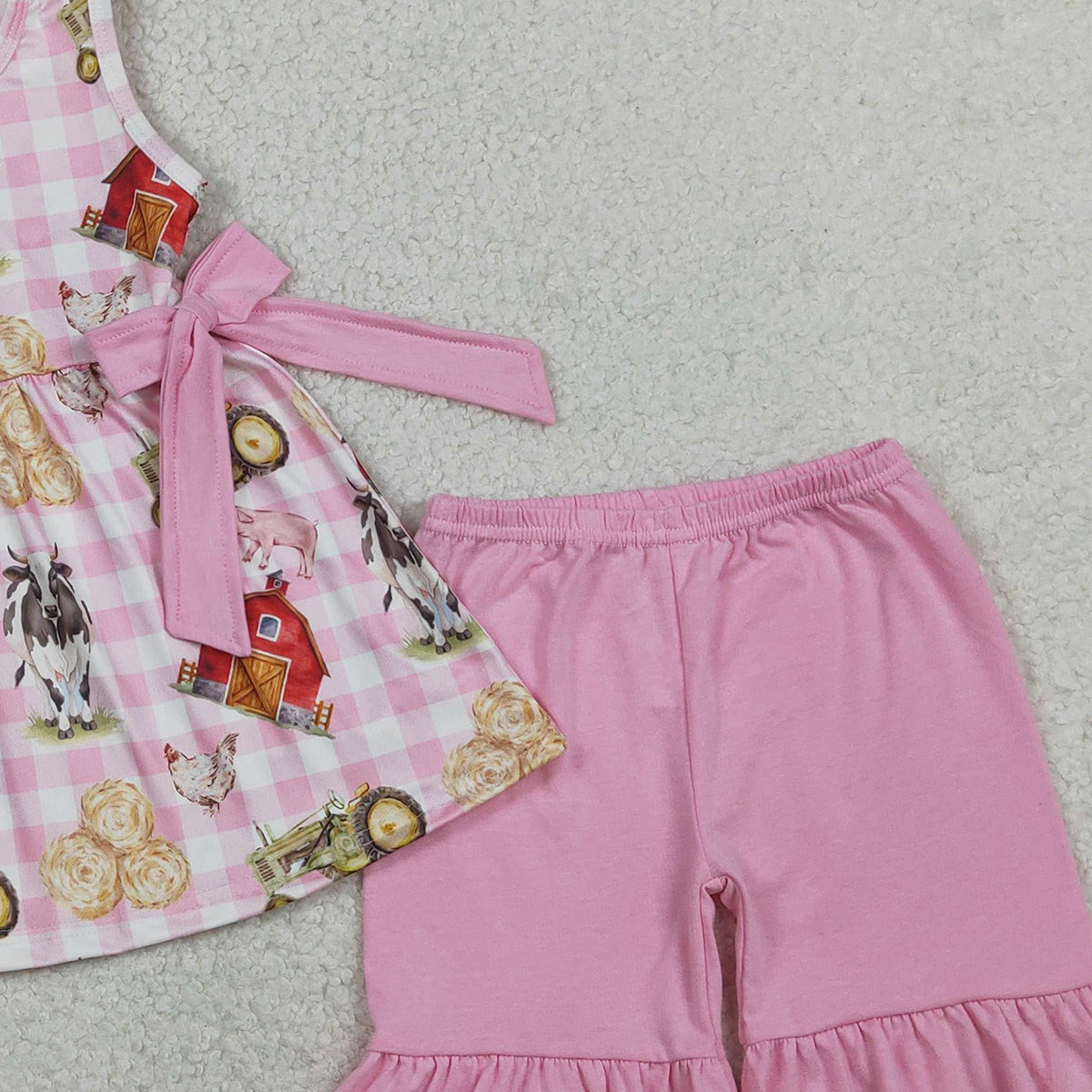 2.4 RTS NO MOQ （In stock）GSSO3100 Baby Girls Sleeveless Pink Checked House Cows Tunic Ruffle Shorts Farm Clothes Sets