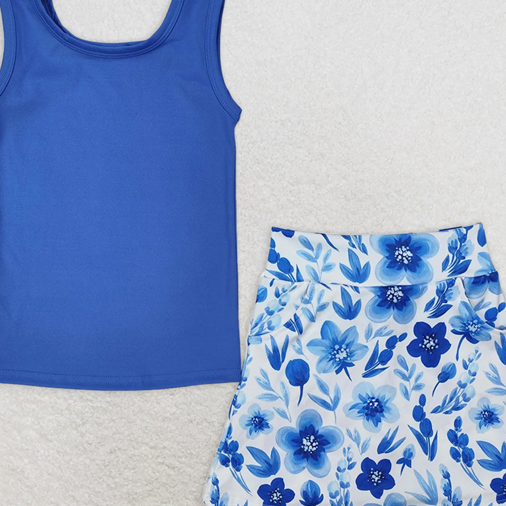 GSD1595RTS NO MOQ Children Clothes Girls Yoga Outfits Baby Girls Blue Vest Flowers Pocket Skirt Skort Active Wear Clothes Sets