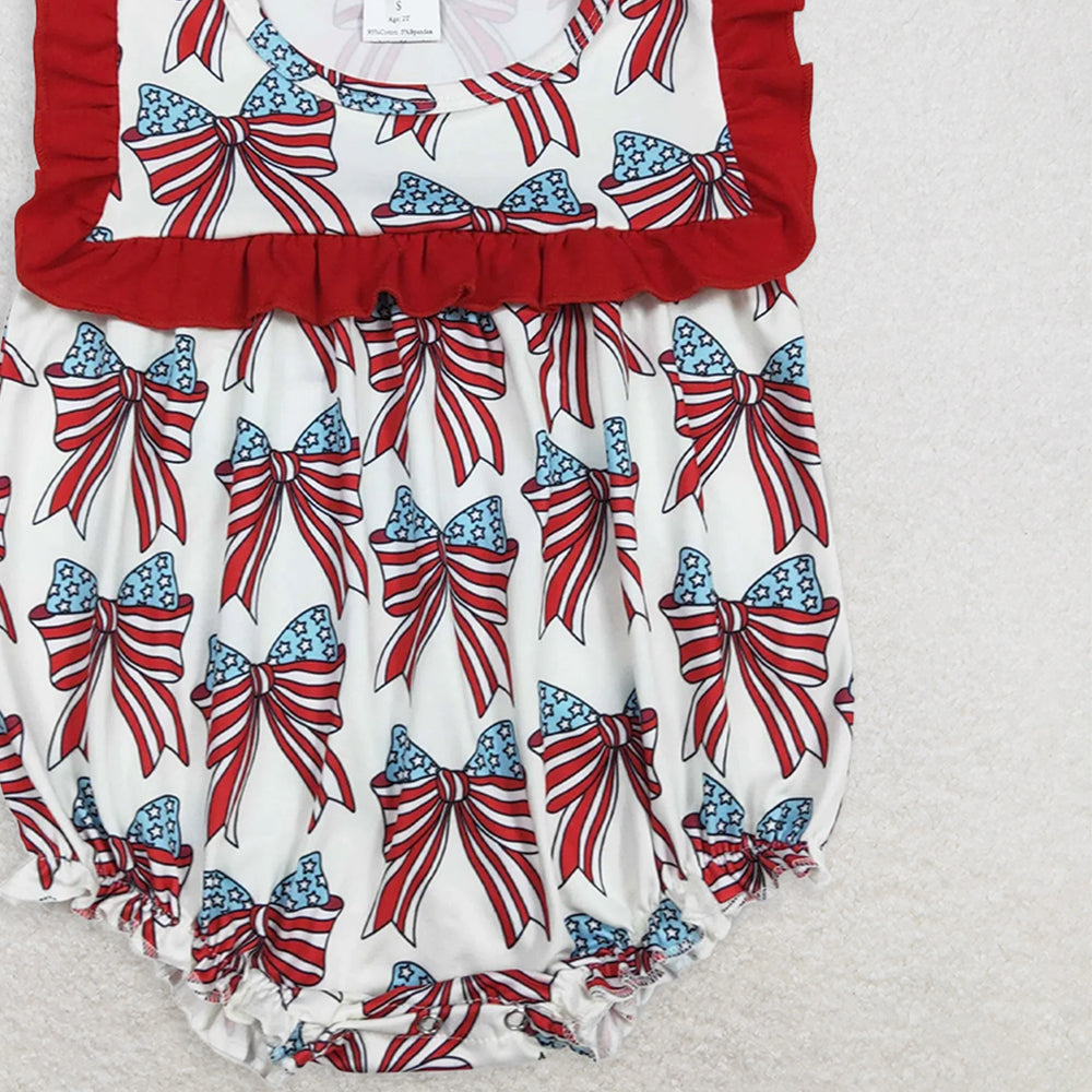 SR2664RTS NO MOQ  Baby Girls Summer Rompers Red Ruffle Stars And Stripes Bow Baby Girls 4th of July Romper Cute Patriotic Outfit for Little Ones