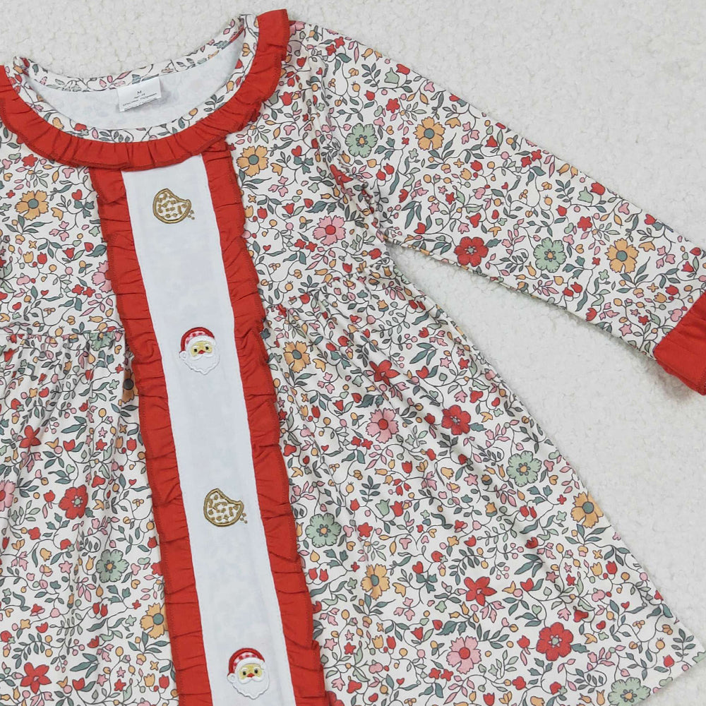 RTS NO MOQ （In stock）GLD1062 Baby Girls Winter Dress Floral Cookie Santa Girls Long Sleeve Christmas Dress Festive Holiday