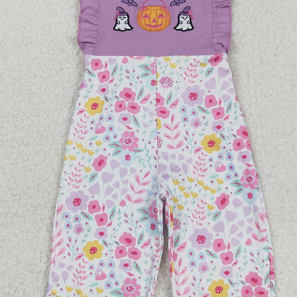 RTS NO MOQ （In stock）SR3177 Baby Girls Summer Jumpsuits Embroidery Baby Girls Lavender Strap Ghost Pumpkins Floral Ruffle Pant Jumpsuits