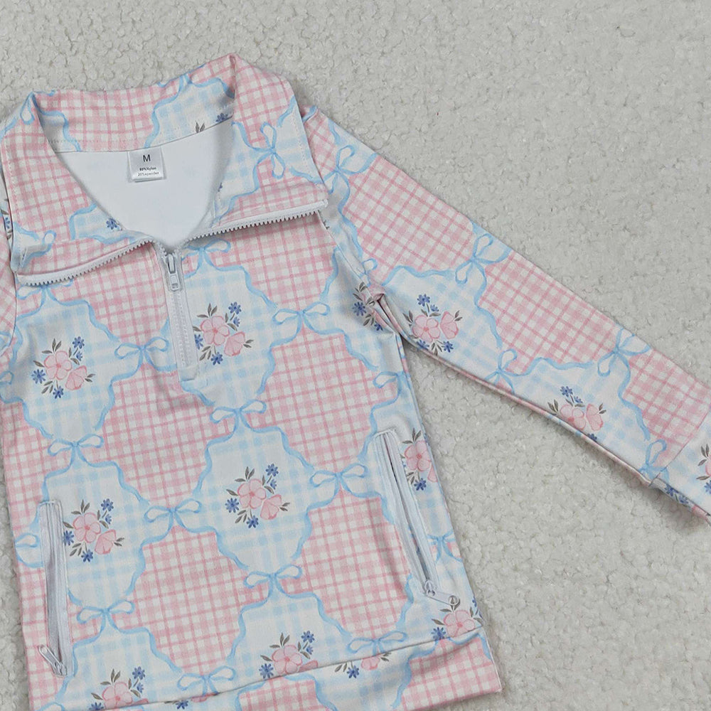 RTS NO MOQ （In stock）GT1062 Baby Girls Long Sleeve Tops Pink Flowers Plaid Pockets Zipper Yoga Active Pullovers Top