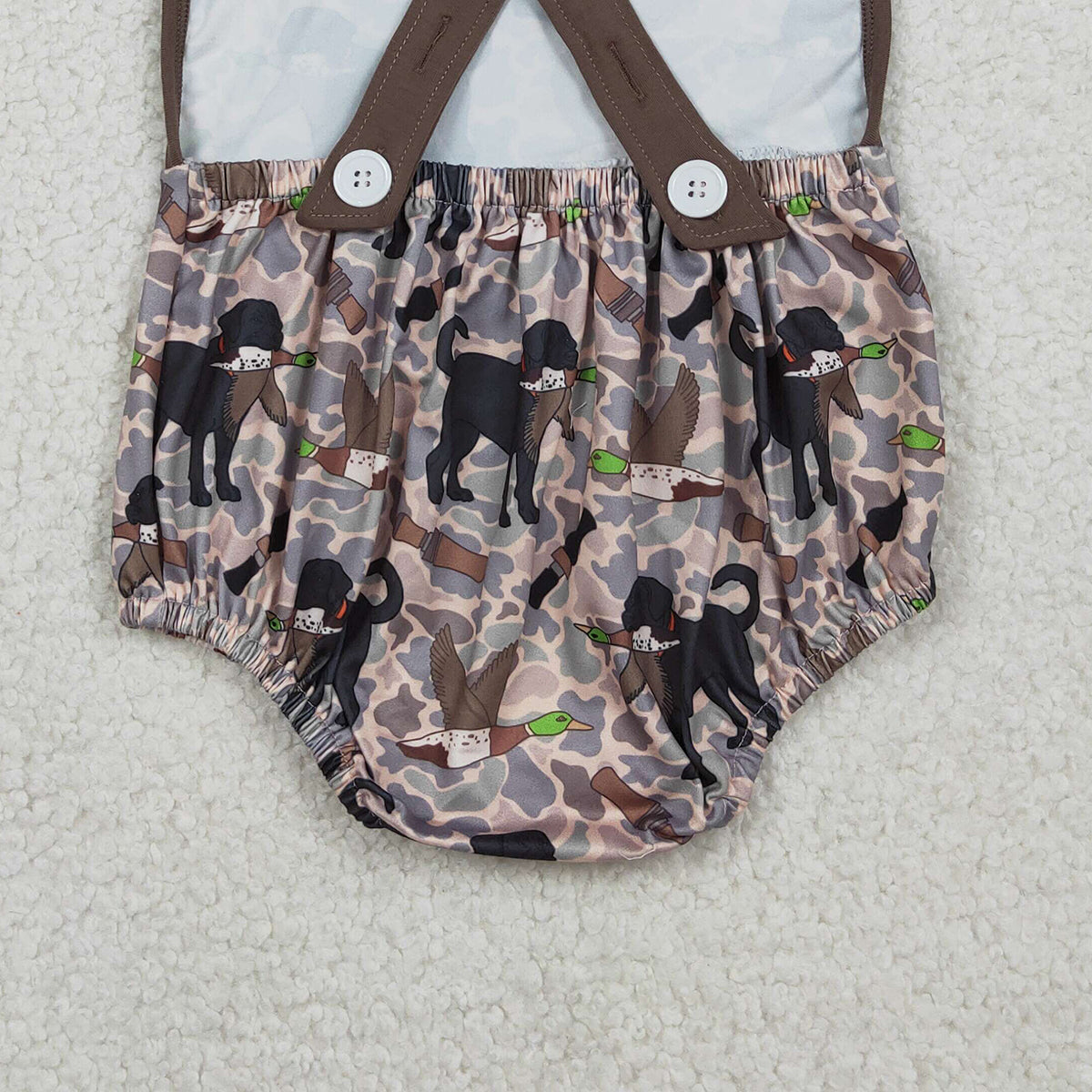 3.3 RTS NO MOQ （In stock）SR3928 Children's Fashion Romper Baby Boys Strap Dog Ducks Camo Hunting Rompers