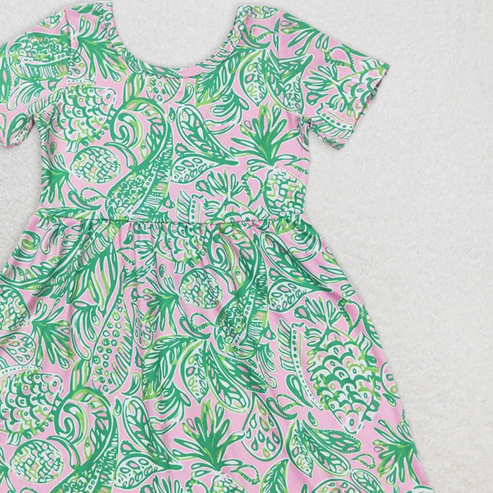 GSD1113  RTS NO MOQ Baby Girls Summer Dress Seaweed pattern pastel green short-sleeved dress