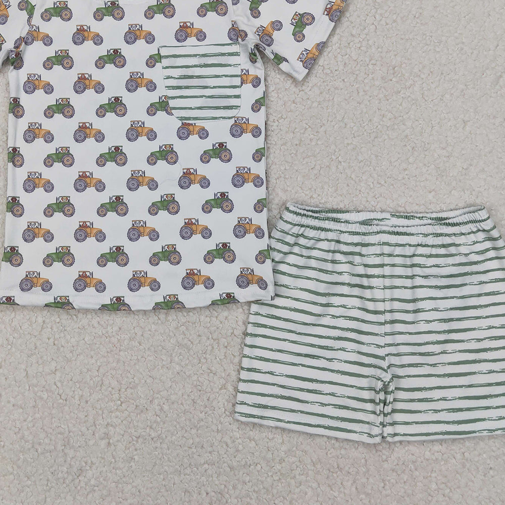 6.13   BSSO1354RTS NO MOQ Baby Boys Summer Boys Outfits  Baby Boys Summer Boys Outfits Farm Trucks Pocket Shirt Top Tee Shorts Clothes Sets