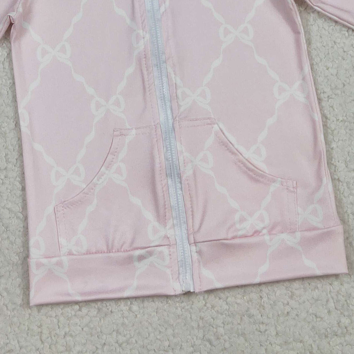 12.24 RTS NO MOQ （In stock）GT1246 Baby Girls Pink Bows Checked Pocket Zip Ruffle Hoodies Jackets Top
