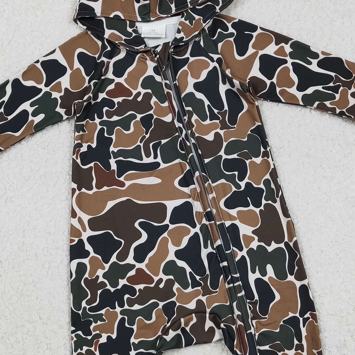12.9 RTS NO MOQ （In stock）LR2815 Baby Boys Southern Dark Brown Camo Hoodie Two Way Zip Convertible Rompers