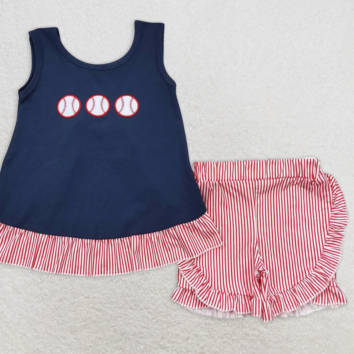 GSSO0405RTS NO MOQ Baby Girls Summer Outfits Sleeveless baseball tunic stripe shorts kids girls clothing