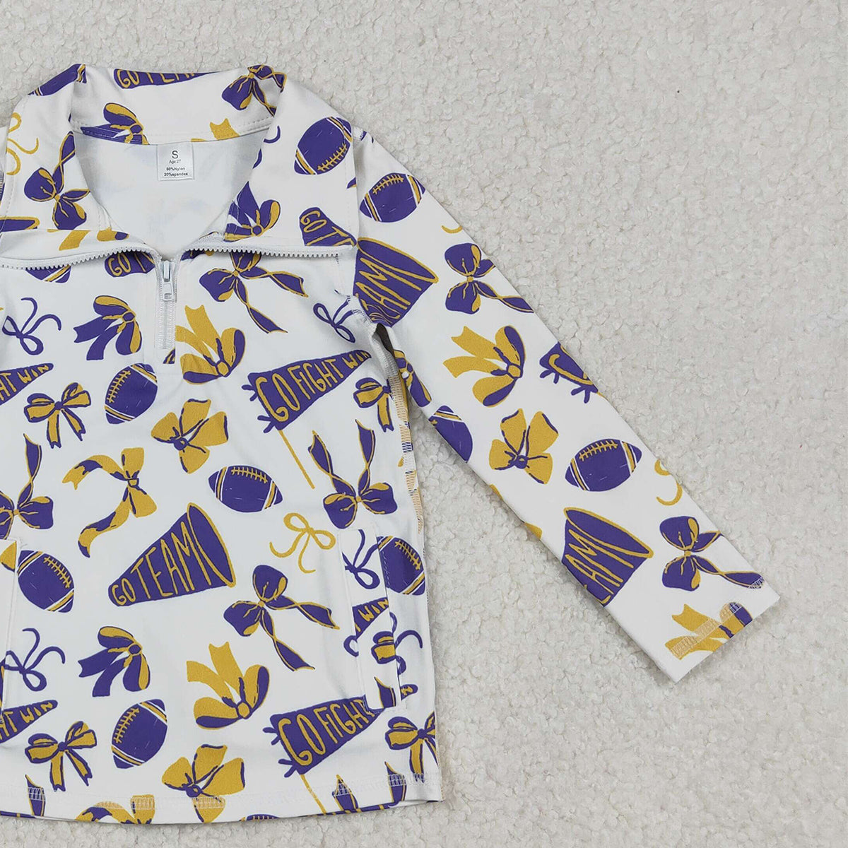 11.11 RTS NO MOQ （In stock）GT1226 Baby Girls Purple Yellow Bows Footballs Go Team Yoga Active Zipper Pockets Pullovers Top