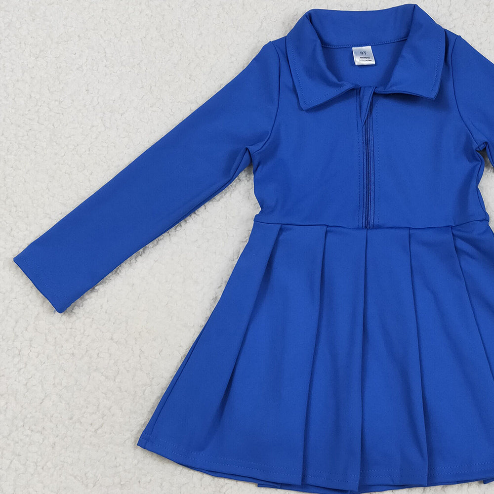 RTS NO MOQ （In stock）GLD1144 Baby Girls Yoga Dress Baby Girls Hot Blue Long Sleeves Zipper Knee Length Dresses