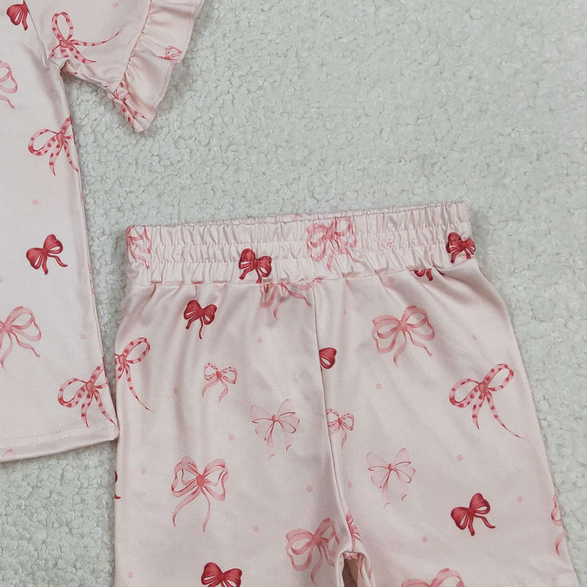 1.27 RTS NO MOQ （In stock）GSSO2996 Baby Girls Pink Bows Top Ruffle Shorts Pajamas Clothes Sets