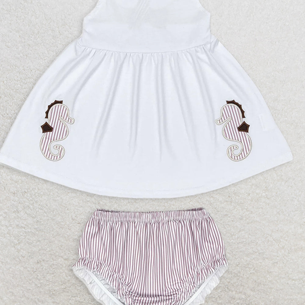 GBO0350 RTS NO MOQ Baby Girls Summer Outfits Baby Girls Sea Horse White Top Bummie Sets