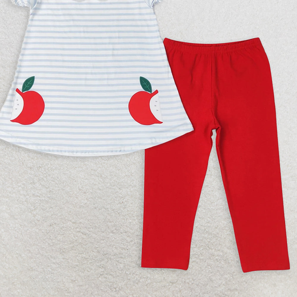 GSPO1446 RTS NO MOQ Baby Girls Spring Outfits Apple striped doll collar short-sleeved red trousers suit