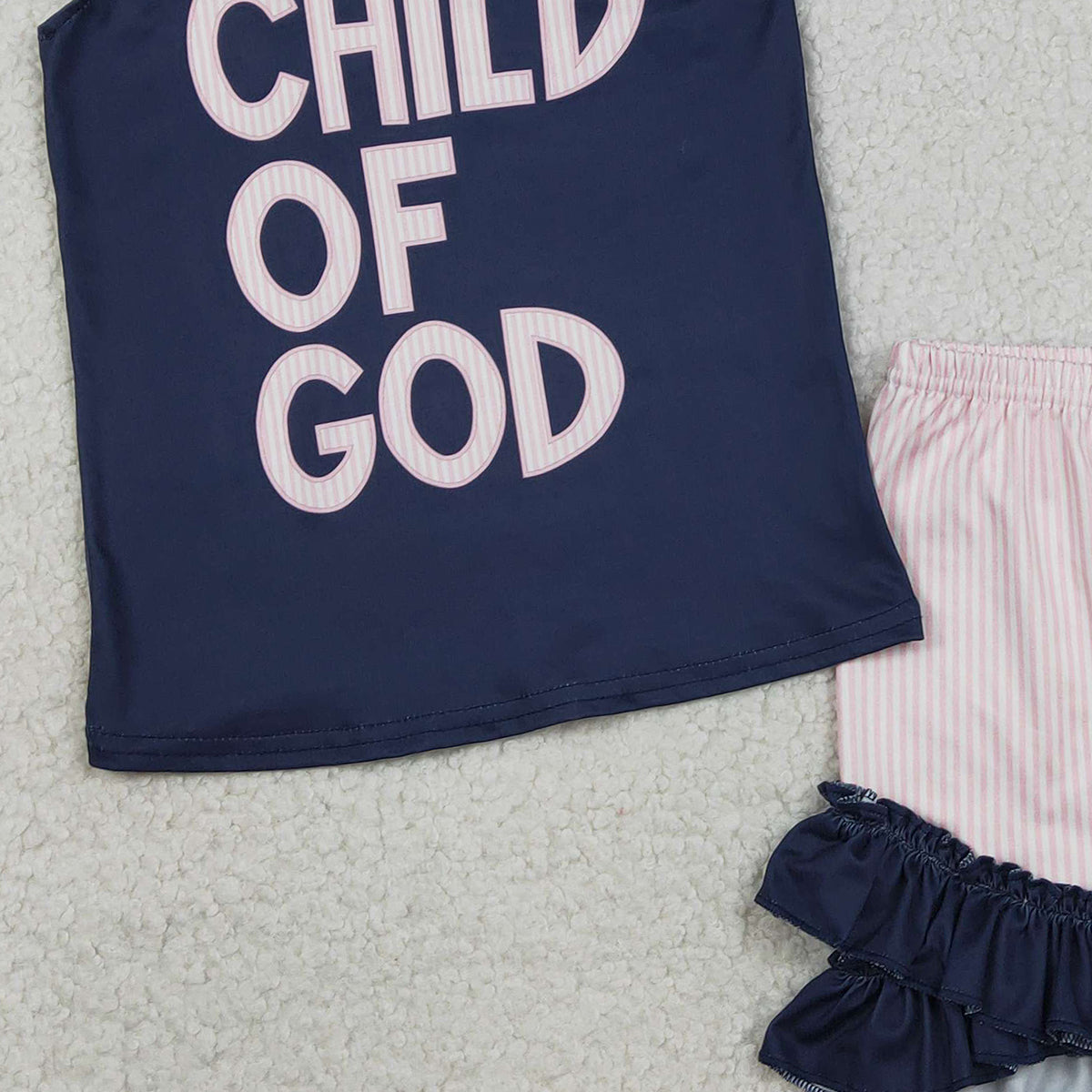 2.3 RTS NO MOQ （In stock）GSSO2933 Baby Girls Flutter Sleeve Child of God Top Ruffle Shorts Clothes Sets