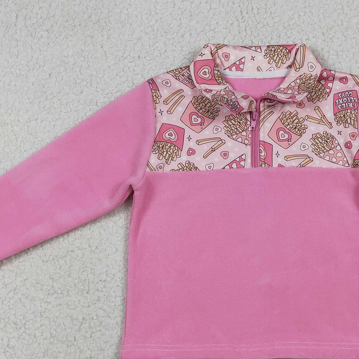 12.23 RTS NO MOQ （In stock）GT1504 Baby Girls Pink Long Sleeve Hearts Chip Valentines Zipper Sweater Top