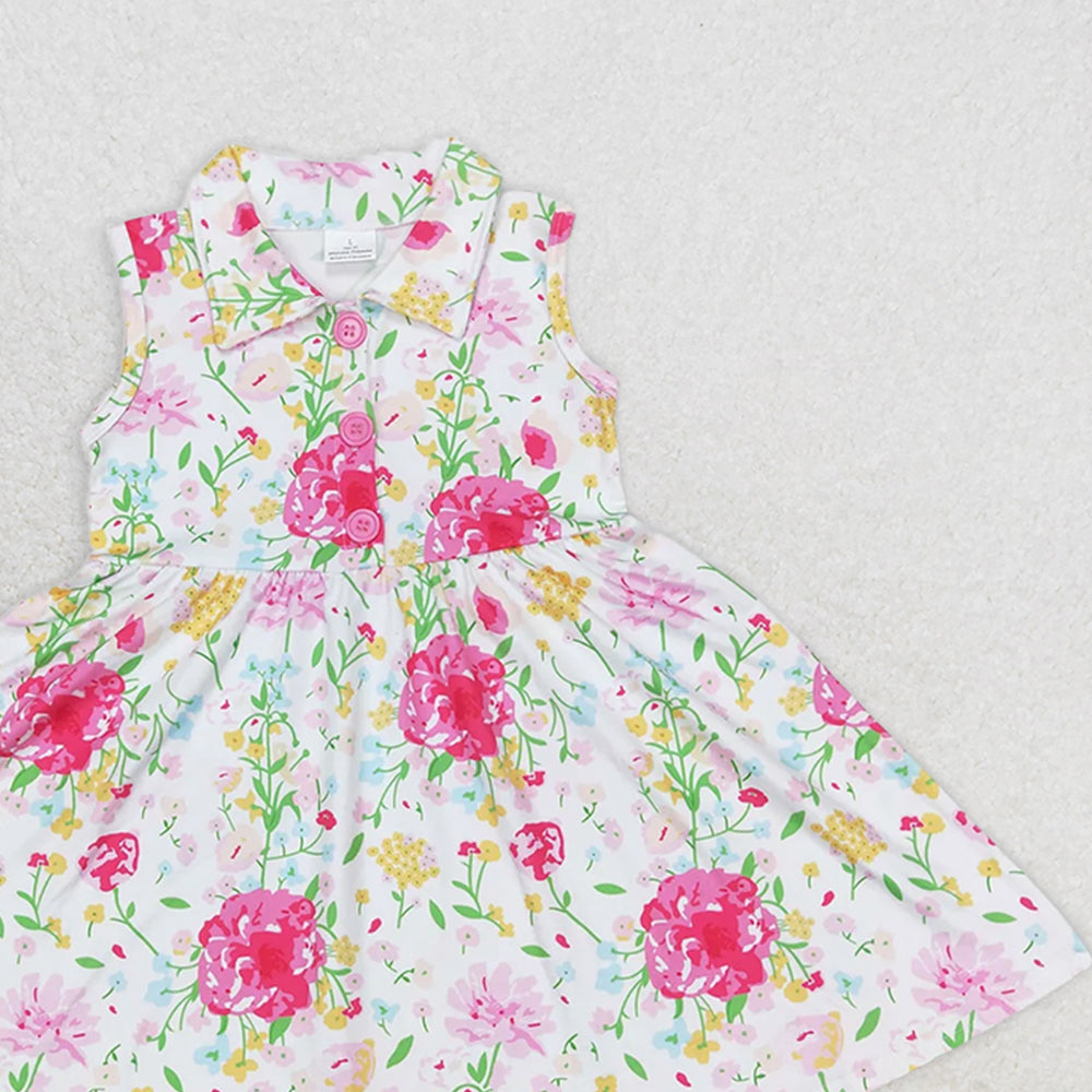 GSD0546 RTS NO MOQ Baby Girls Summer Dress  Baby Girls Pink Flowers Sleeveless Spring Knee Length Dresses