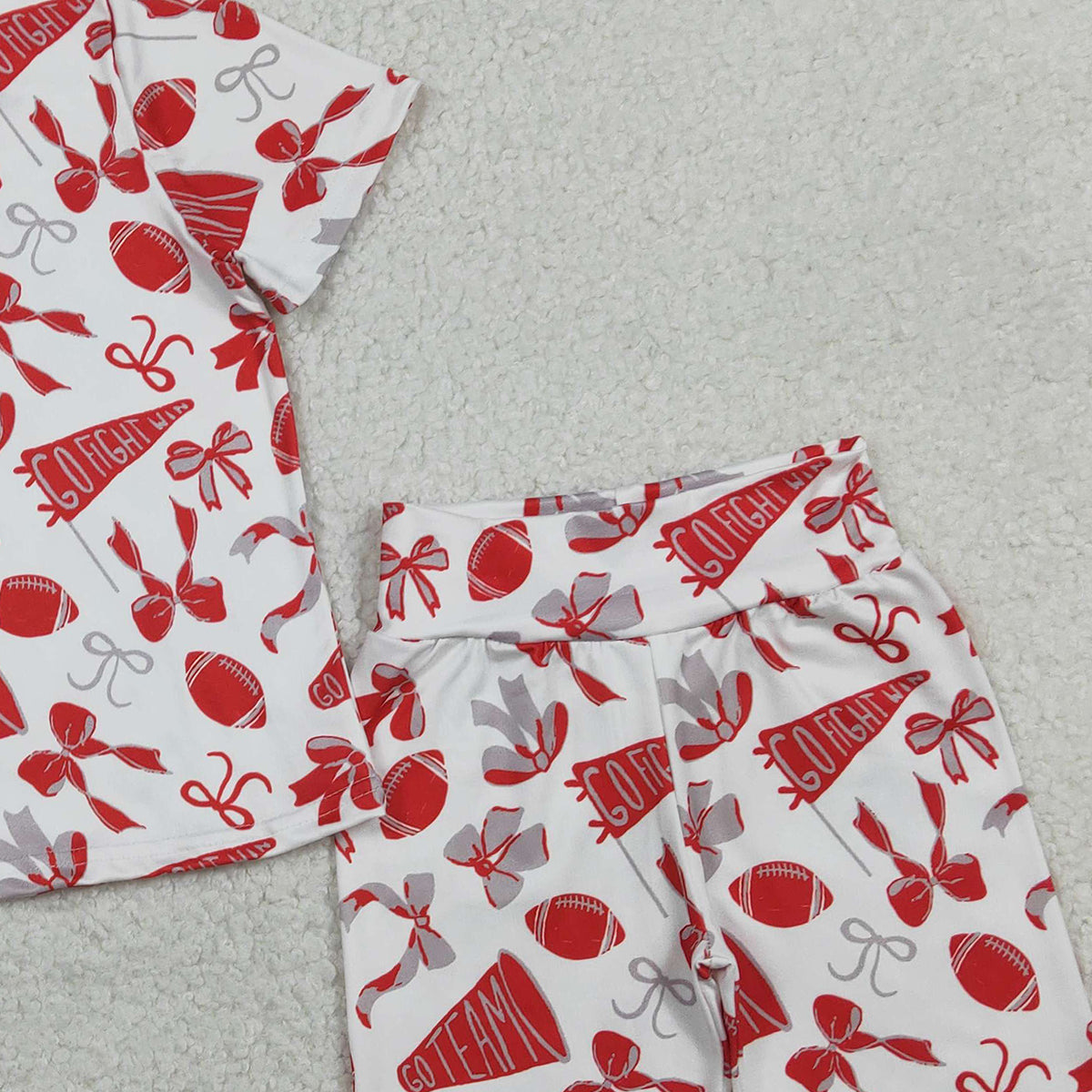 1.23 RTS NO MOQ （In stock）GSSO2727 Baby Girls Red Grey Bow Footballs Top Shorts Go Team Pajamas Clothes Set
