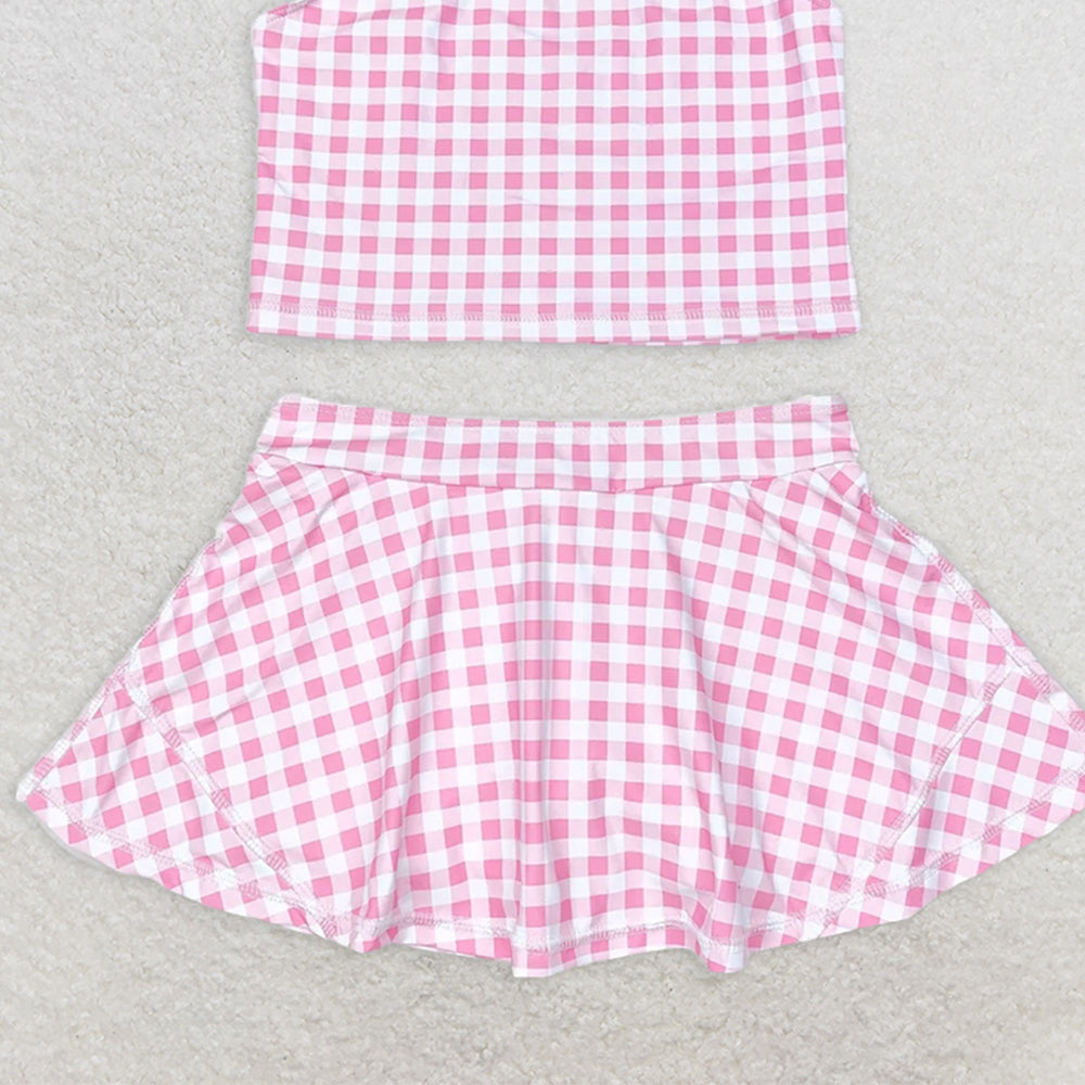 GSD0992 RTS NO MOQ Baby Girls Yoga Outfits  Baby Girls Summer Pink Checkered Top Skirts Clothes Sets Preorder
