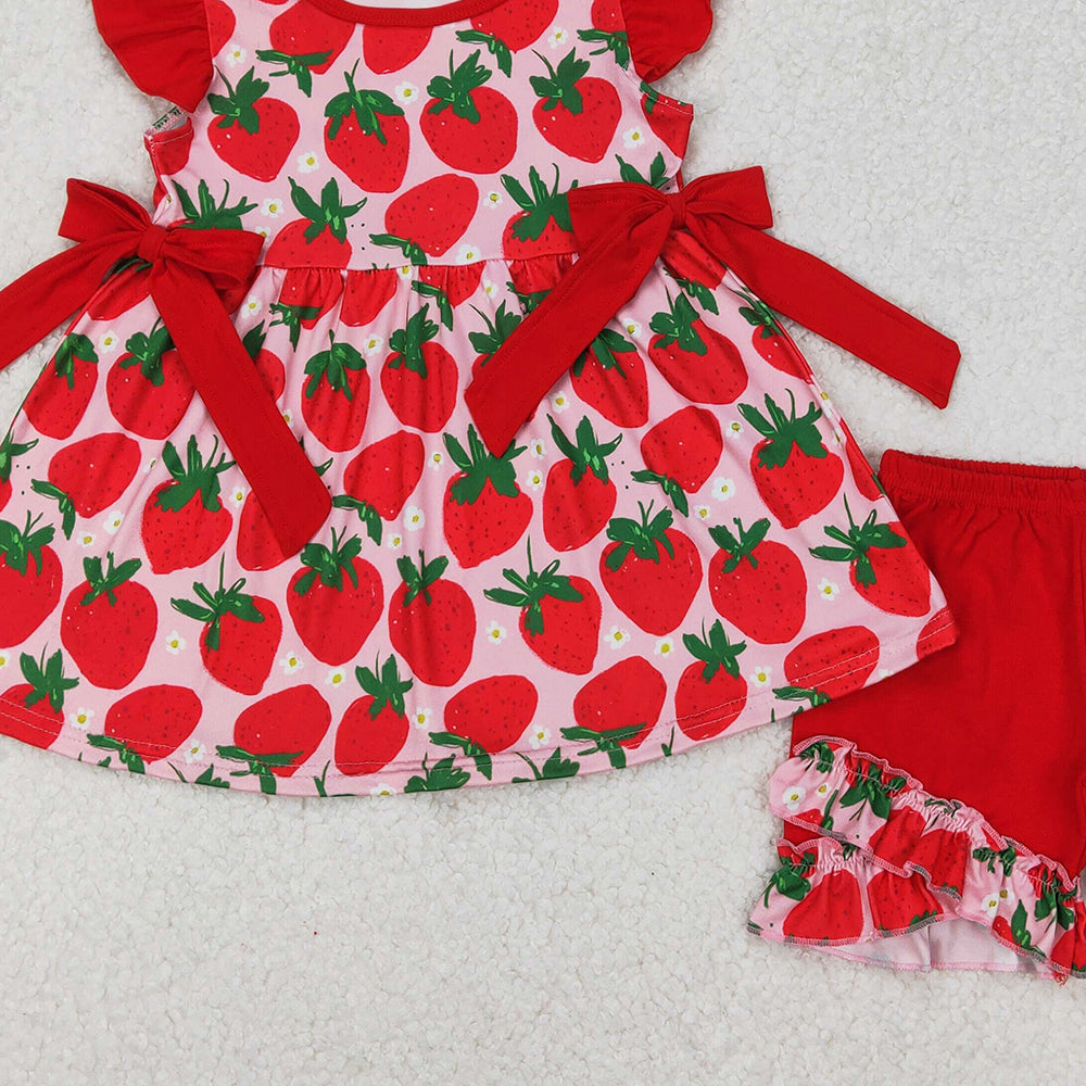 GSSO2023 RTS NO MOQ Flutter sleeves strawberry tunic red shorts girls clothes