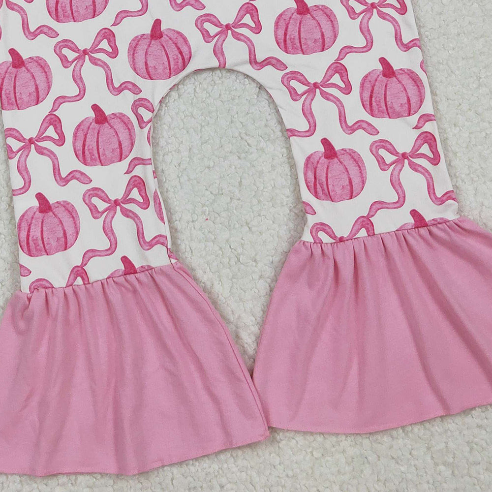 RTS NO MOQ （In stock）SR3200  Baby Girls Summer Jumpsuits Pink Strap Bows Pumpkins Plaid Bell Bottom Fall Jumpsuits
