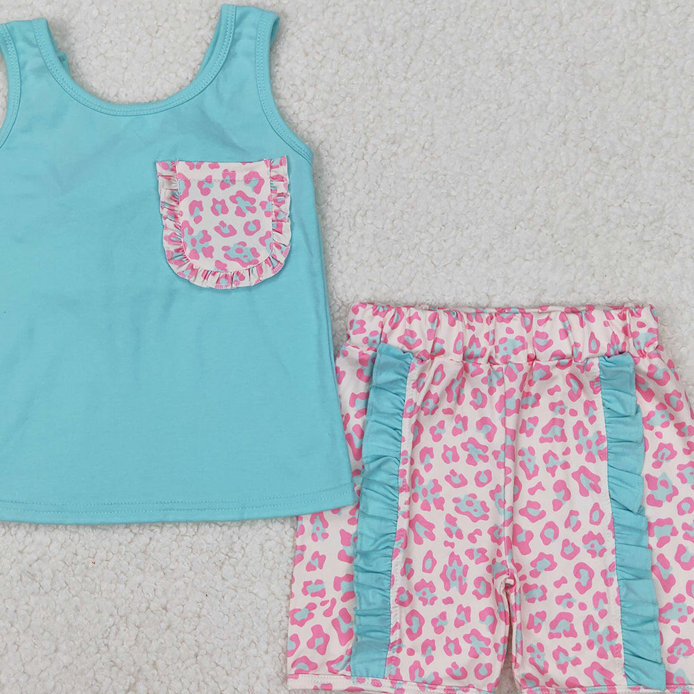 4.25 GSSO1784  RTS NO MOQ Leopard pocket sleeveless mint top ruffle shorts girls clothes