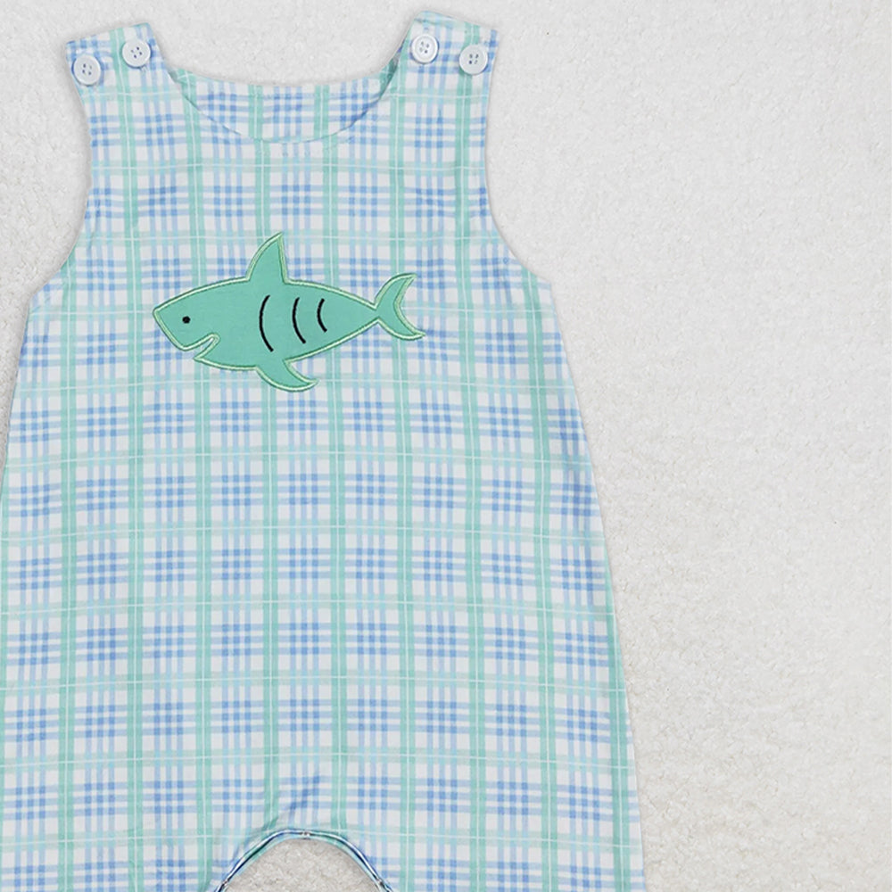 SR0651 RTS NO MOQ Baby Boys Summer Rompers Baby Infant Boys Toddler Shark Blue Checkered Short Sleeve Rompers