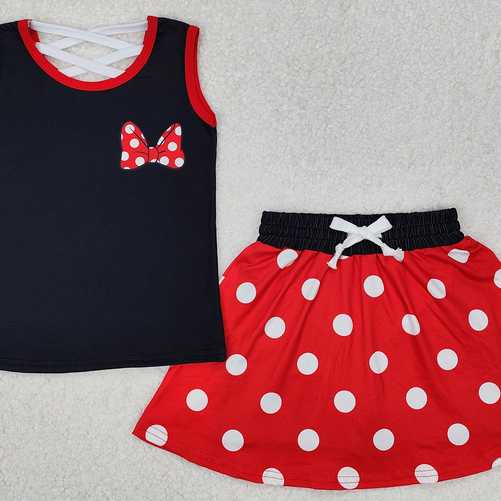 GSD2069RTS NO MOQ Baby Girls Skirt Sets Girls Black Polka Dot Sleeveless Bow Top Skirt Set Cute Casual Outfit for Kids