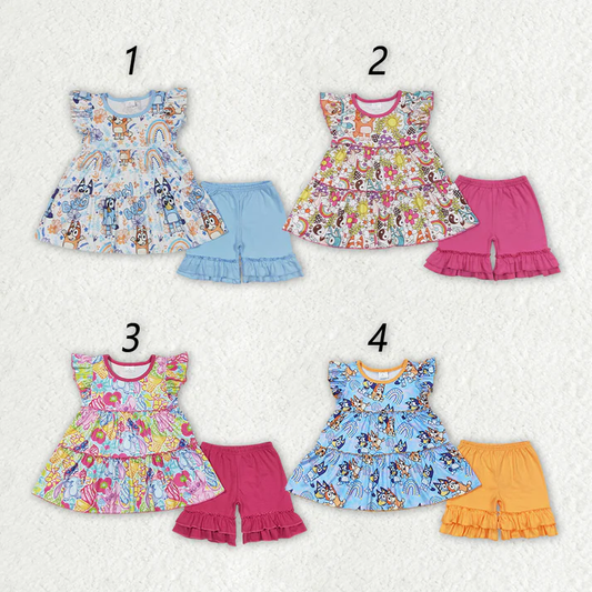 Baby Girls Colorful Puppy Pattern Fly Sleeve Top Lace-Up Shorts Set