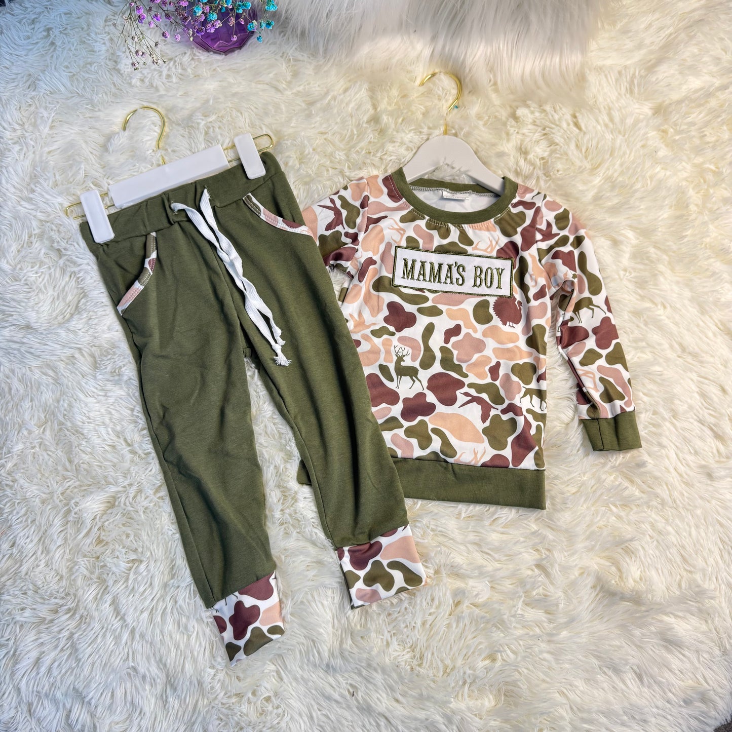 12.1 RST BLP1338 Embroidery Mama's Boy Baby Boys Deer Ducks Camo Pockets Jogger Clothes Sets