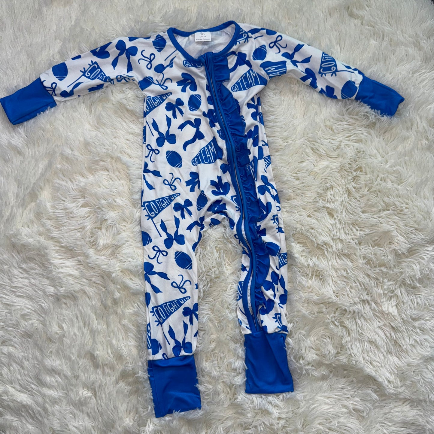 11.1 RST LR2511 Baby Girls Team Blue Bows Cheer Footballs Ruffle Zipper Footie Rompers