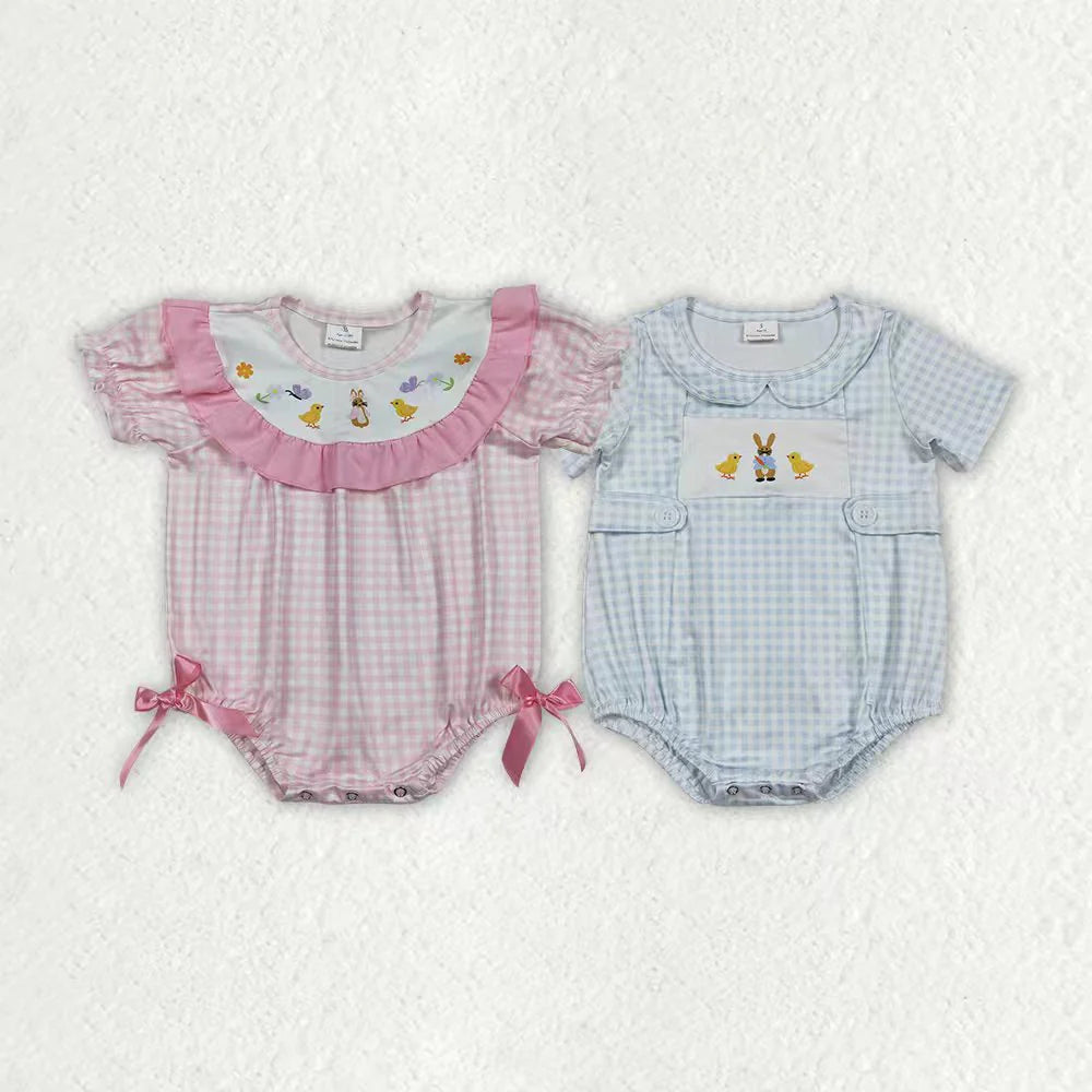 3.18 RTS Sibling Baby Boys Girls Rabbits Chicks Checked Easter Rompers
