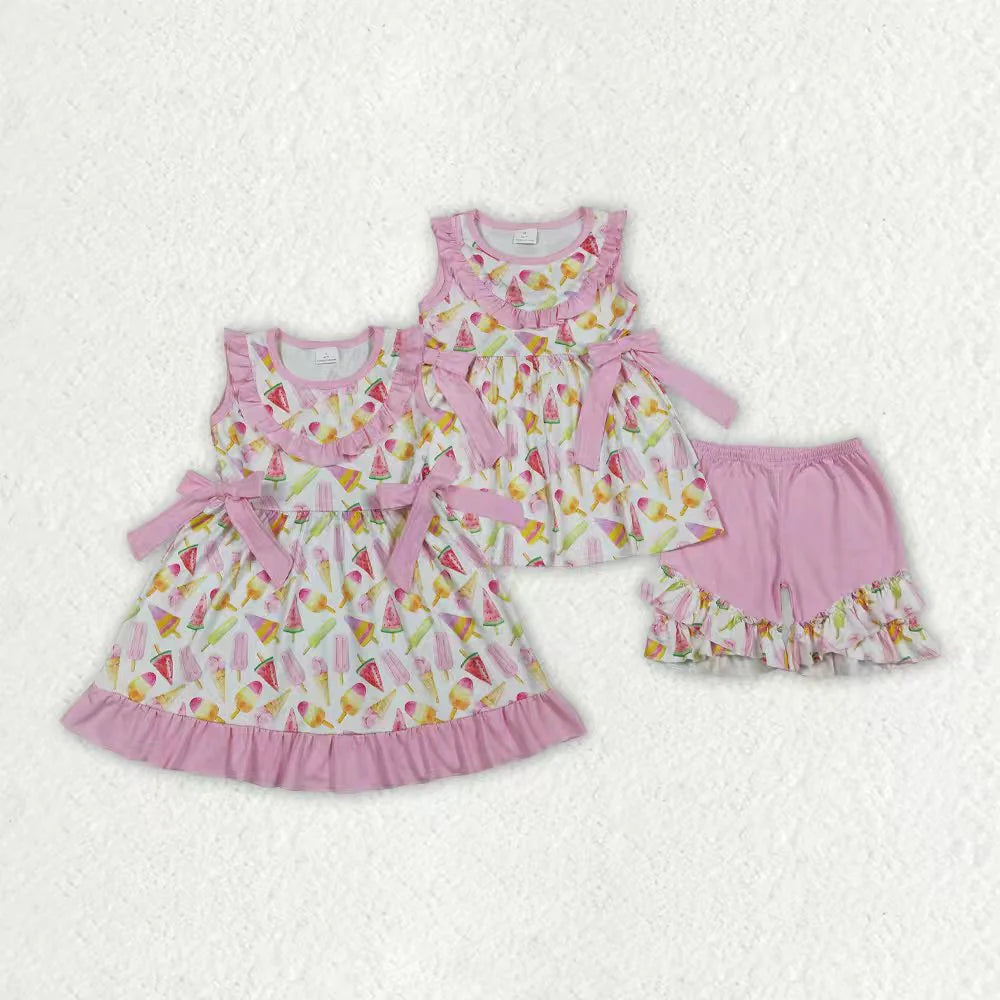 1.15 RTS Sibling Baby Girls Sleeveless Ice Creams Tunic Ruffle Shorts Clothes Set Knee Length Dresses
