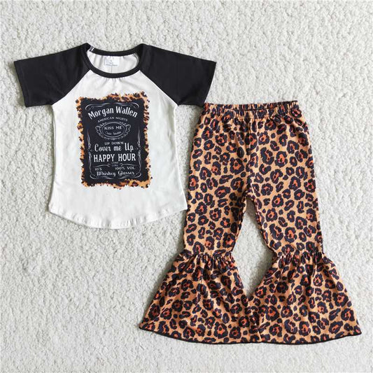 E2-20  Baby Girls Black Short Sleeve Singer Shirt Leopard Bell Pants Clothes Sets