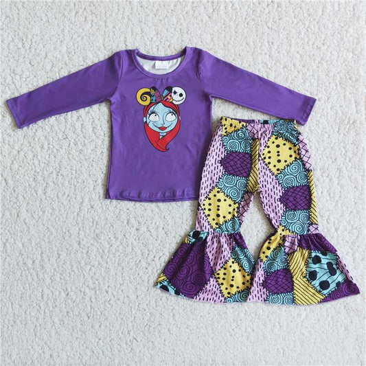 6 A10-20Purple skull print shirt patchwork bell bottom pants Halloween clothing set