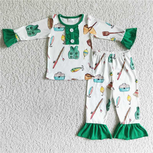 6 A3-11Fishing print girls long sleeve pajamas